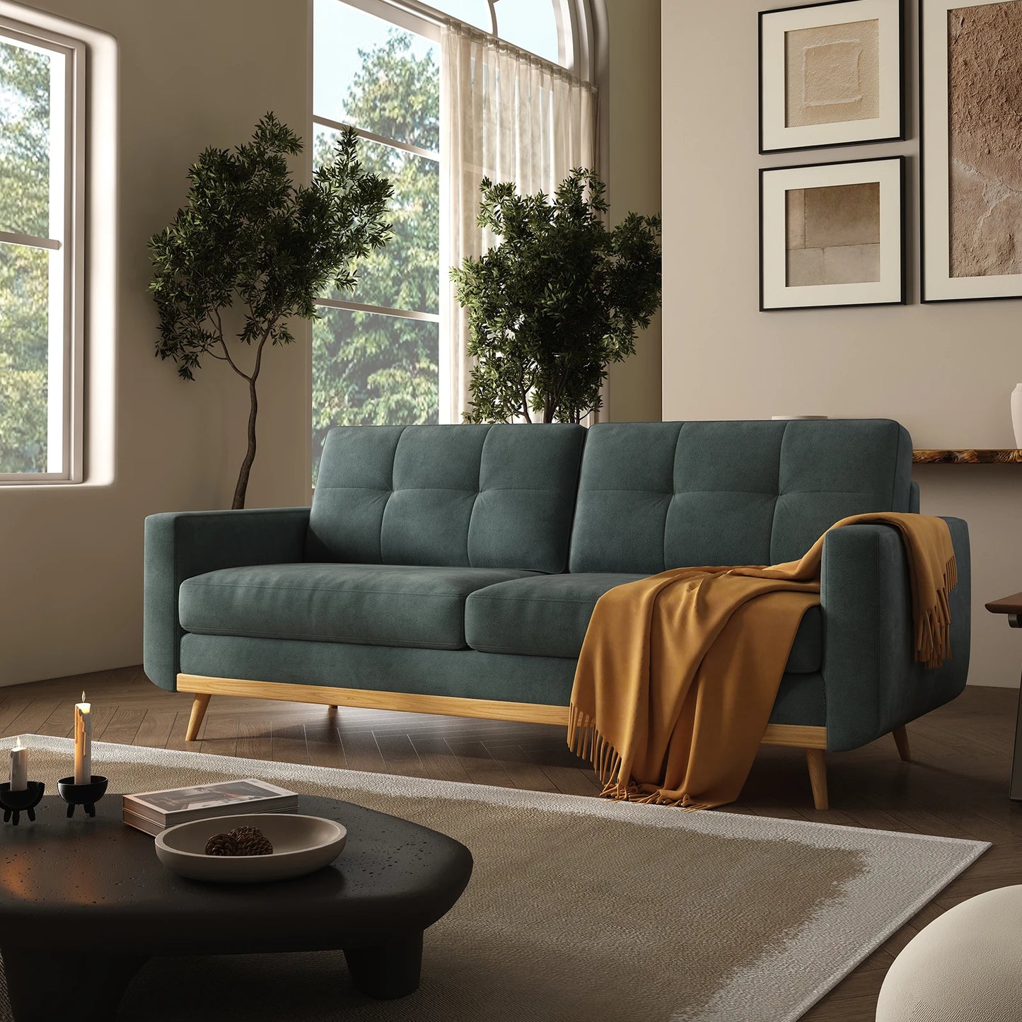 67-inch Retro Sofa with Wooden Legs