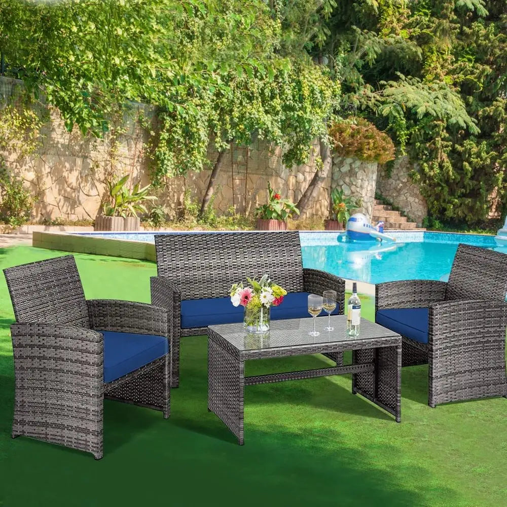 4 Piece Wicker Patio Furniture Set with Soft Cushions Tempered Glass Coffee Table