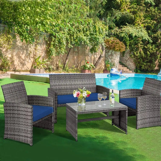 4 Piece Wicker Patio Furniture Set with Soft Cushions Tempered Glass Coffee Table