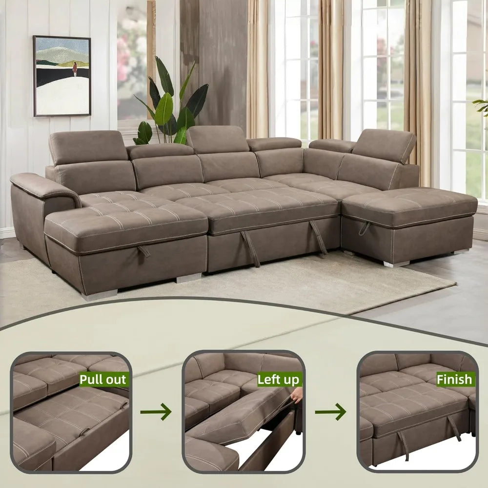 127" Oversized U‑Shaped Sectional Sofa – Microfiber Sleeper with Pullout Bed