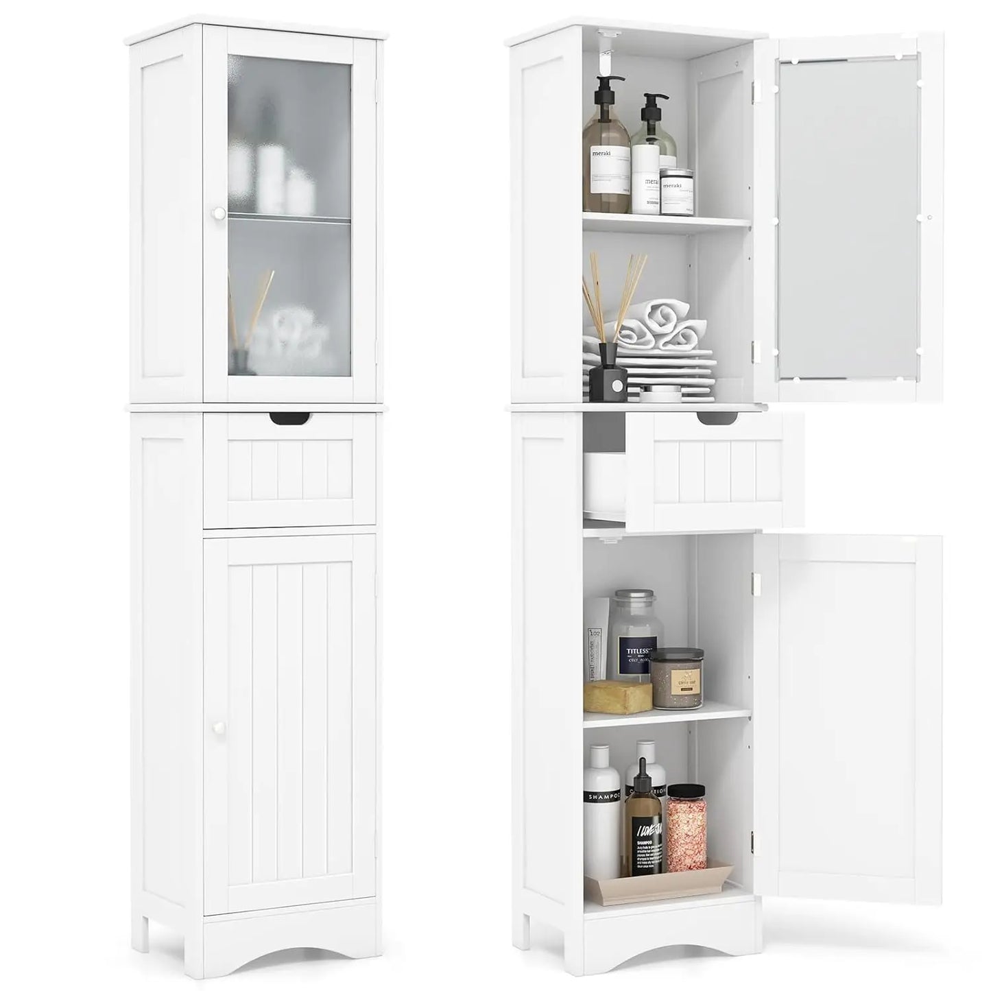 67" Tall Bathroom Storage Cabinet, Slim Freestanding W/ 2 Doors & 1 Drawer