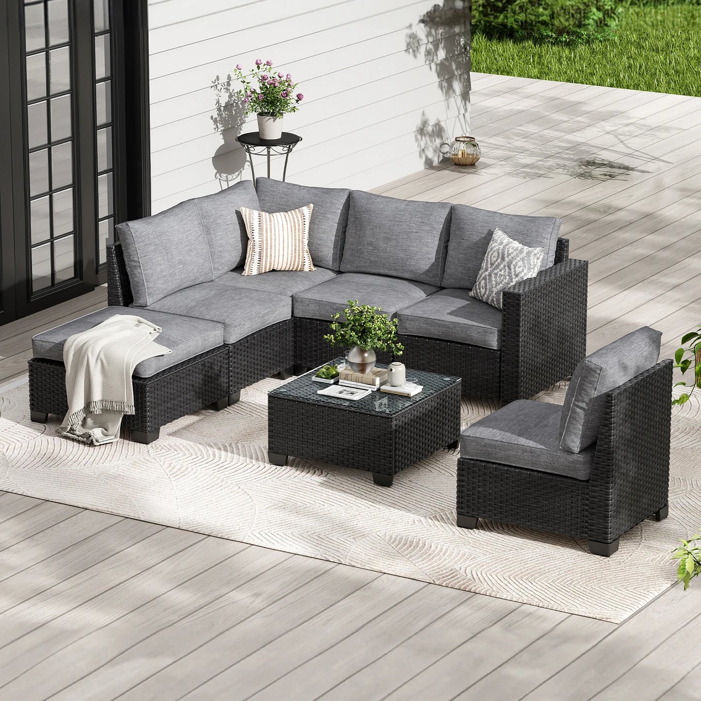 Outdoor Sectional Sofa Set with Ottoman – Water/Oil/Stain‑Resistant Fabric, Dark Gray Cushions & Gray Wicker