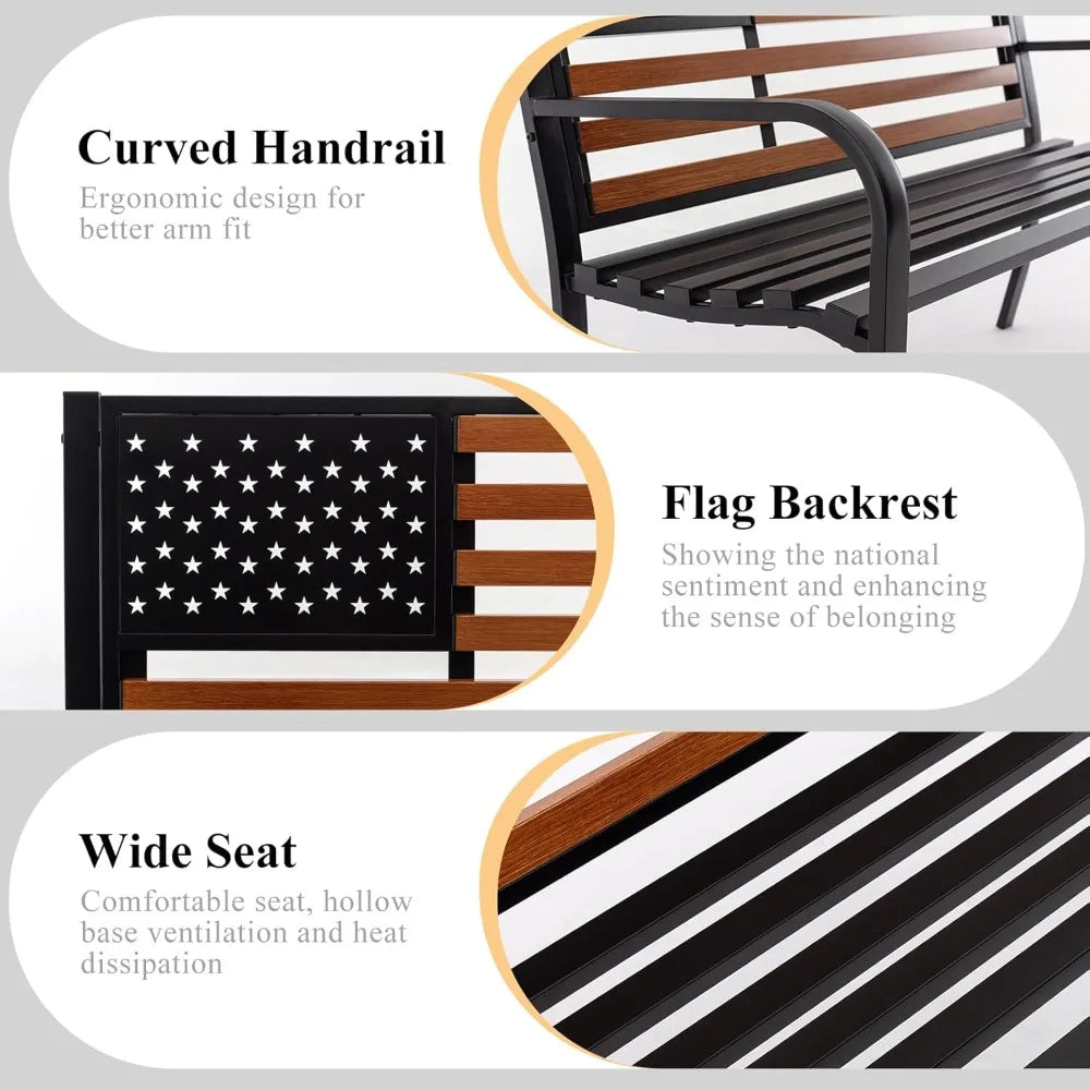 50" Outdoor Garden Bench, Cast Iron Frame, Weatherproof Seat, Classic Americana Backrest, Black & Woodgrain Colors