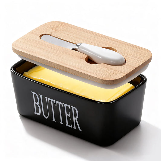 Ceramic Butter Dish with Bamboo Lid – Airtight Butter Keeper with Built‑In Knife & Double Silicone Seal, Multiple Colors