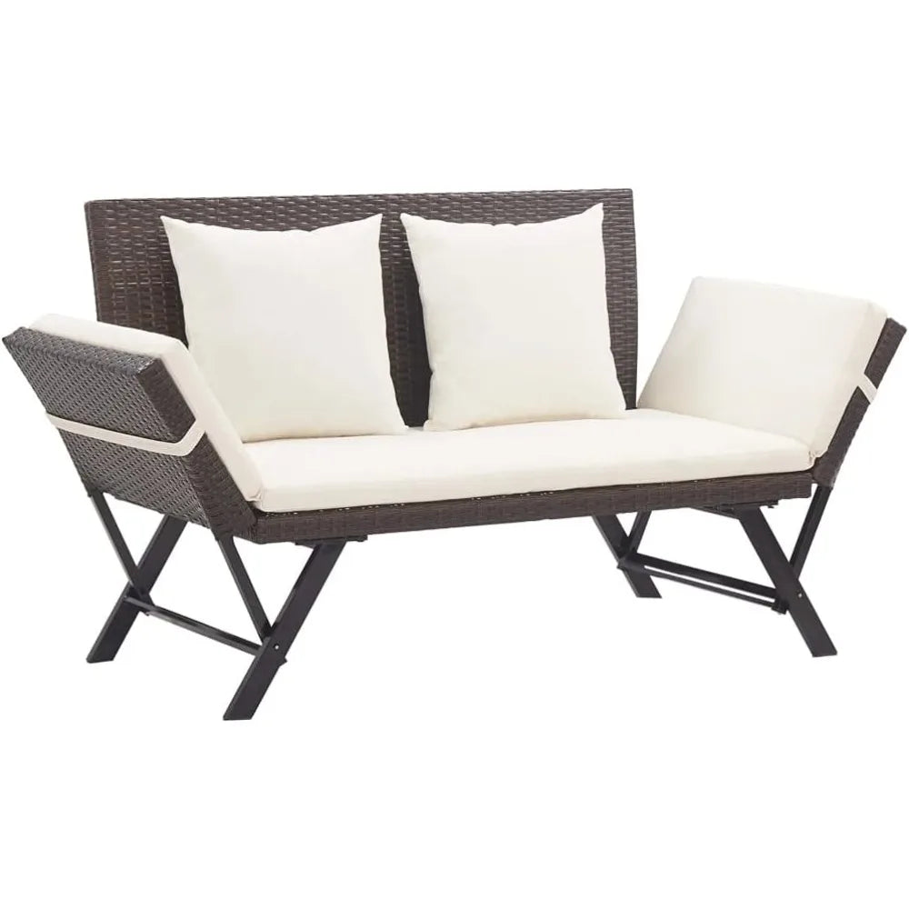 Convertible Bench to Day Bed, Brown Poly Rattan with Cushions, Adjustable Sides