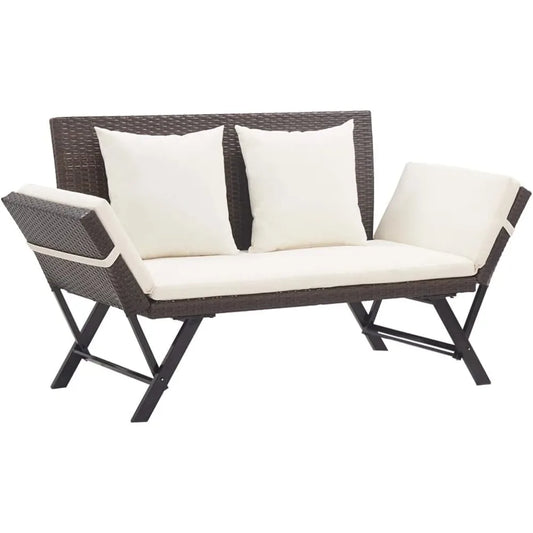 Convertible Bench to Day Bed, Brown Poly Rattan with Cushions, Adjustable Sides