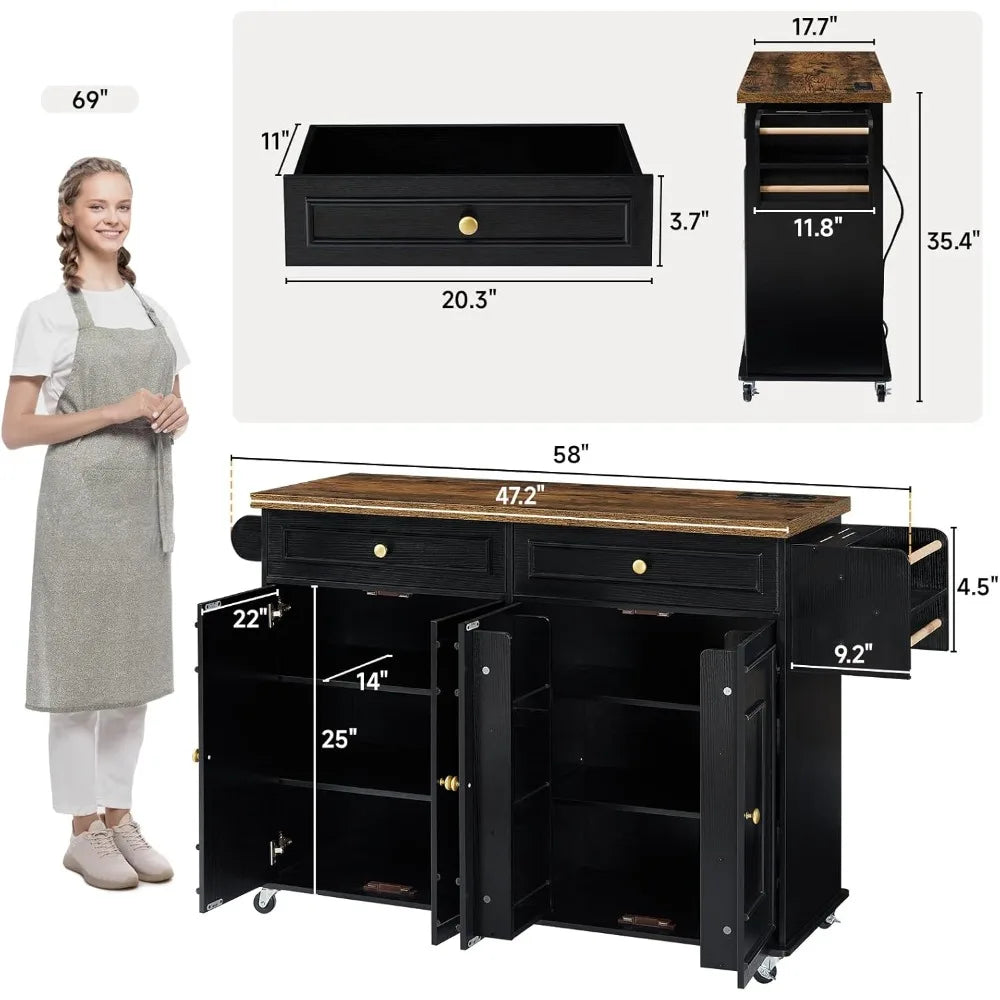 58" Mobile Kitchen Island with Power Outlet, Drawers and Cabinets