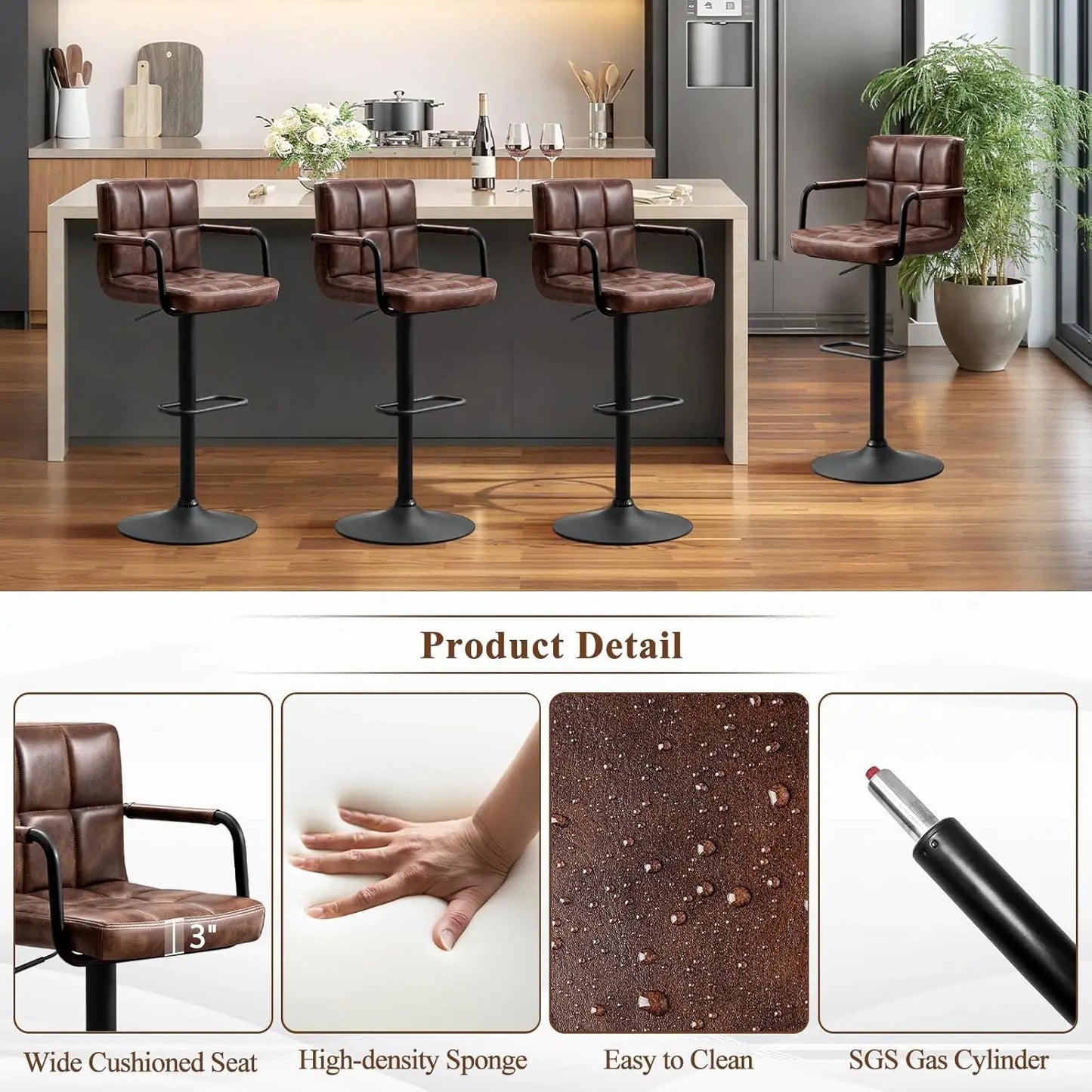 Swivel Bar Stools Set of 4, Adjustable Kitchen Counter Height with Arms, PU Leather Upholstered