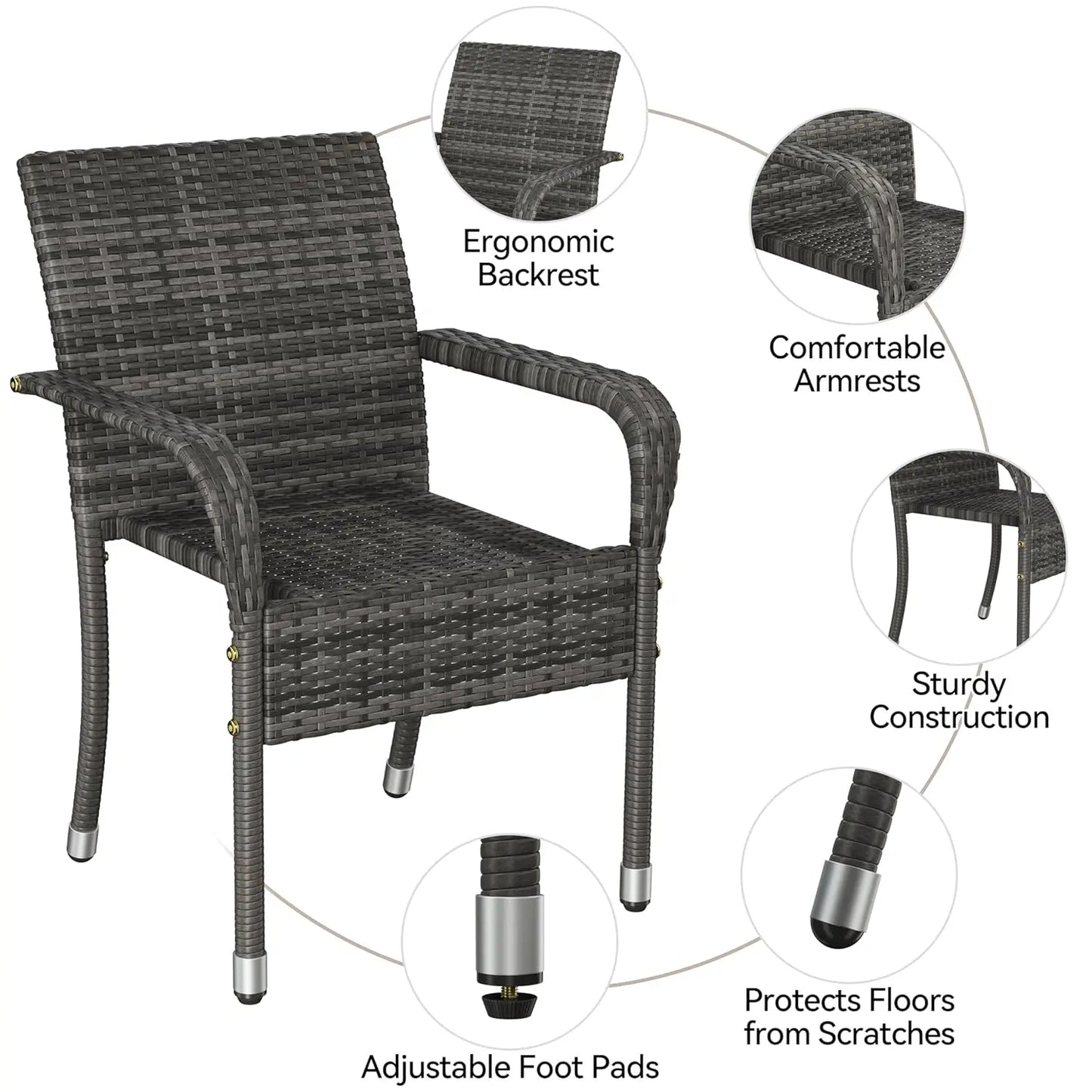 2pcs - Stackable All-Weather Rattan Chairs w/Armrests, Steel Frame, Outdoor