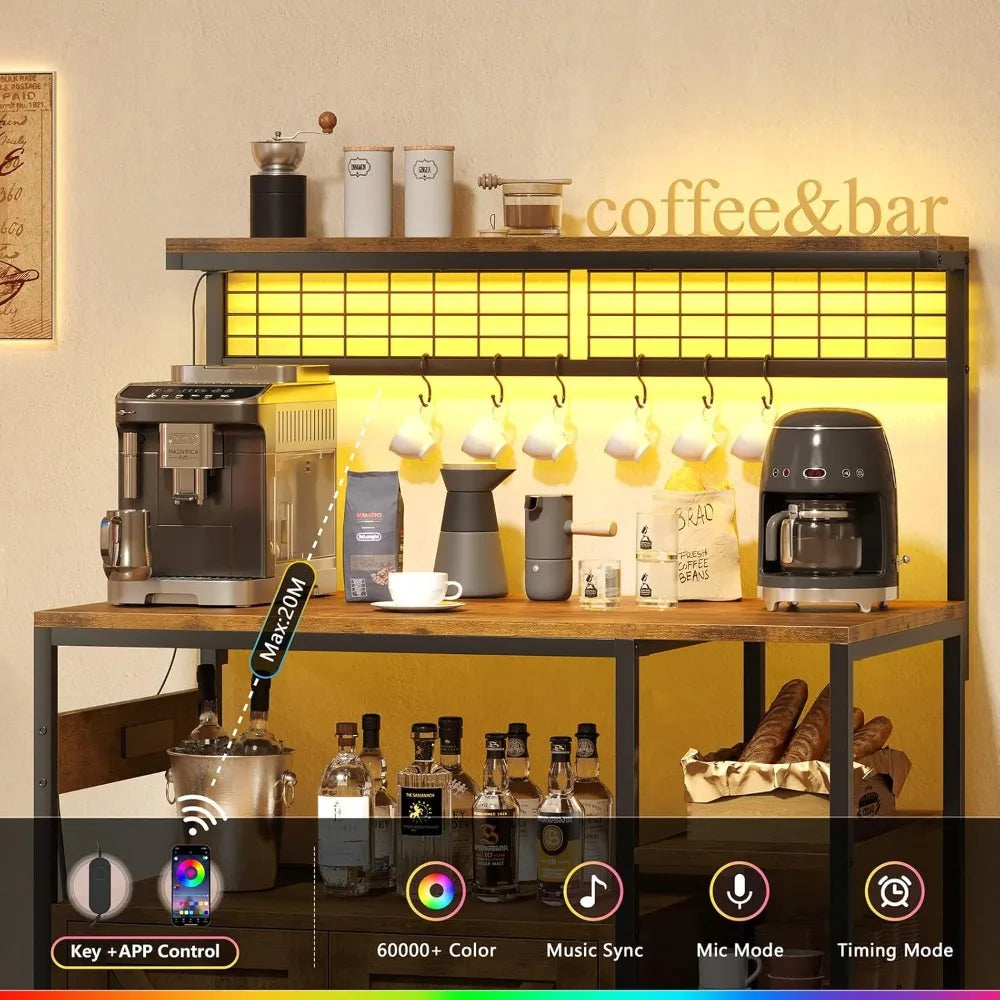 Bakers Rack with Power Outlet and LED Light, Microwave Stand with Storage Cabinet, Coffee Bar Cabinet Station