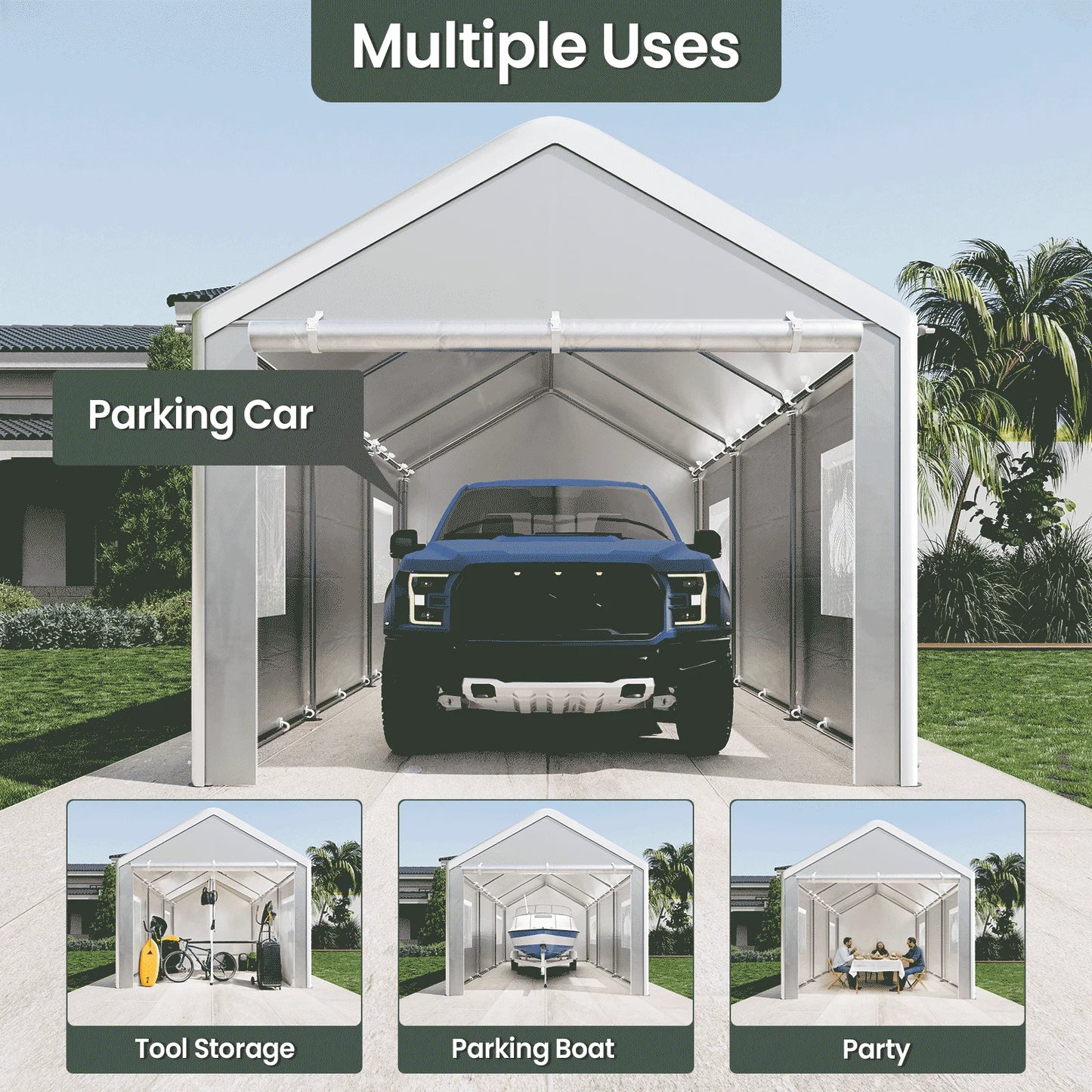 Carport 10x20 Ft, Heavy Duty Car Canopy with Reinforced Ground Bar, Portable Garage with Roll-up Windows and Removable Sidewalls