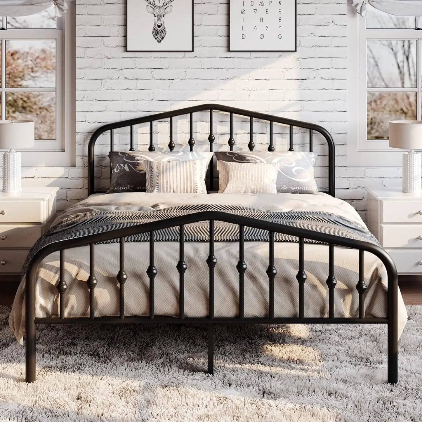 Queen Size Metal Bed Frame with Victorian Iron Headboard, Black