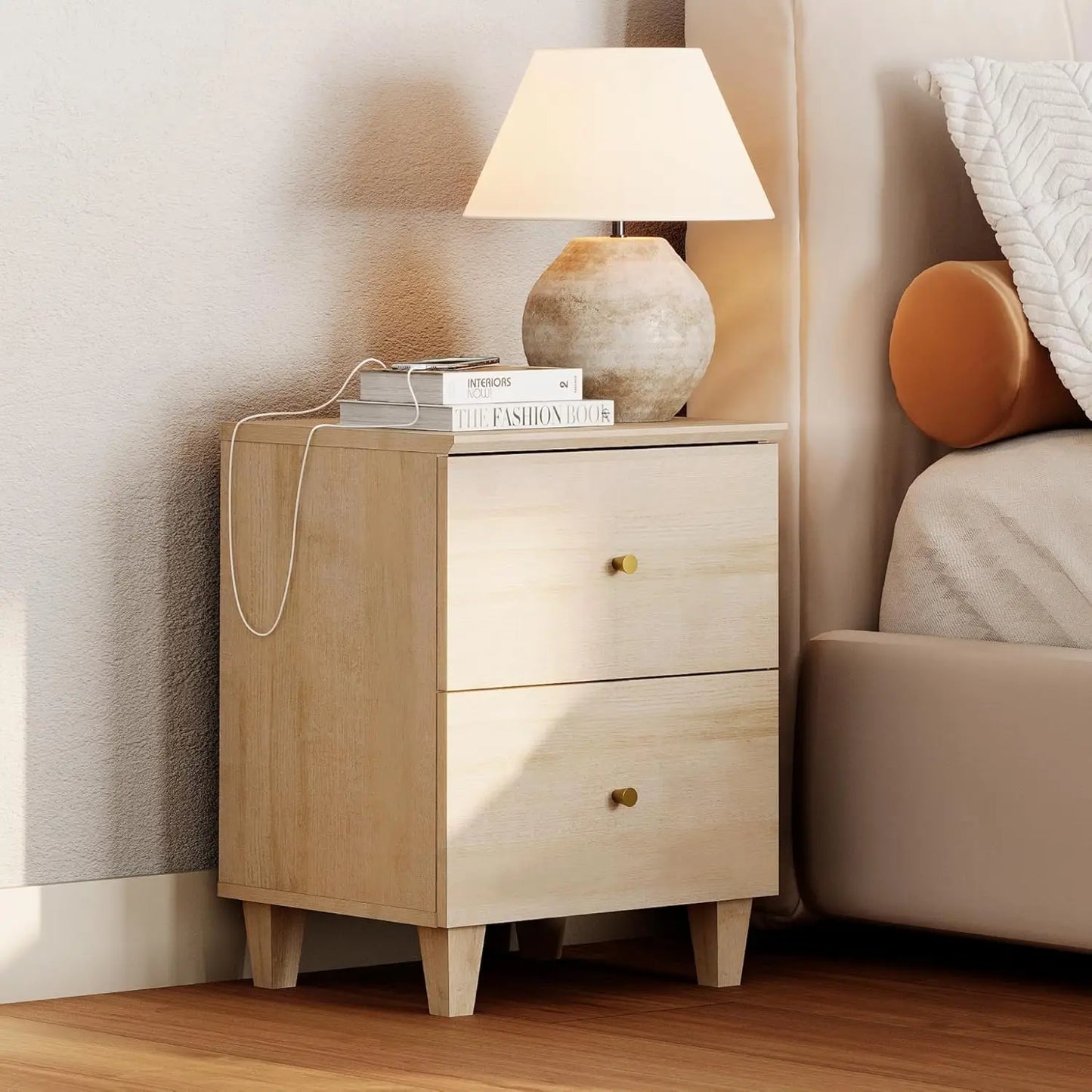 Nightstands with Charging Station – Wood Bedside Tables with 2 Drawers & AC Outlets