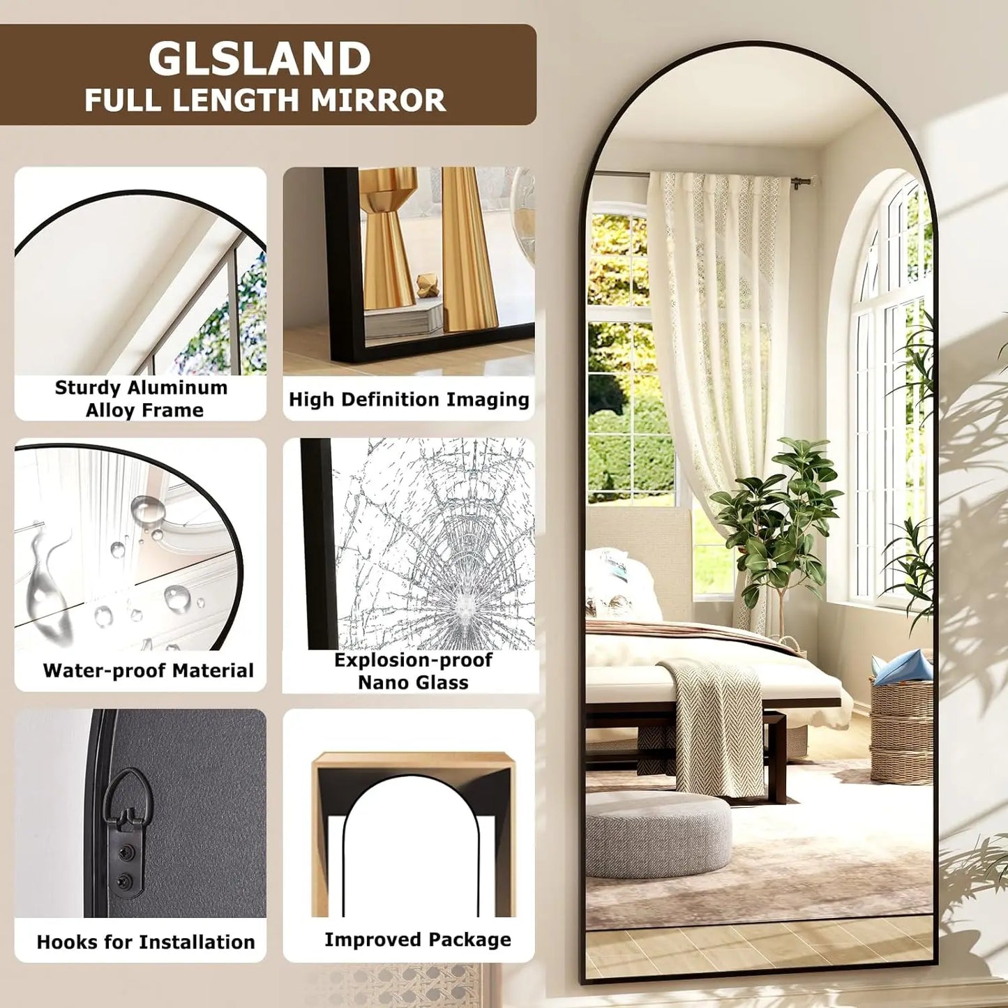 21x64 Inch Arched Full‑Length Mirror – Modern Wall & Floor Leaning Design