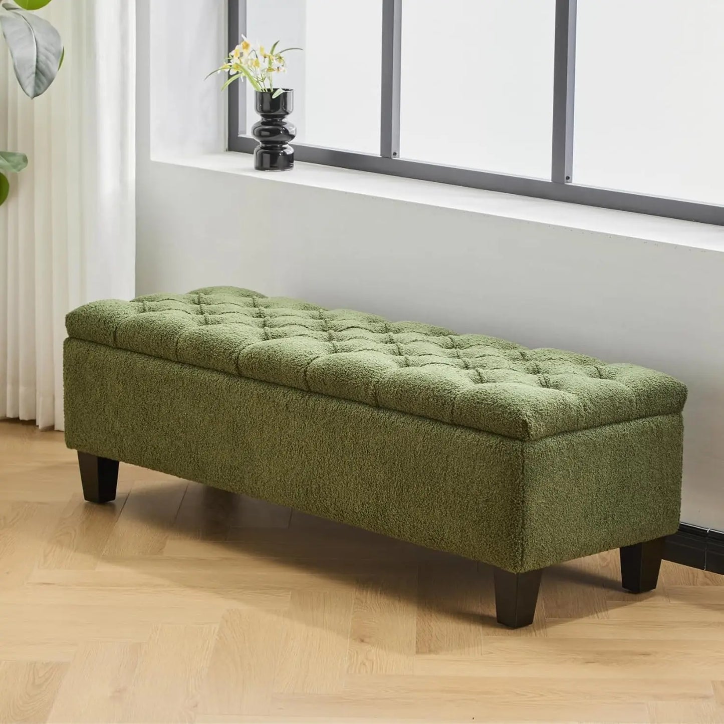 51.2'' Green Ottoman, Upholstered Bench with Wood Legs