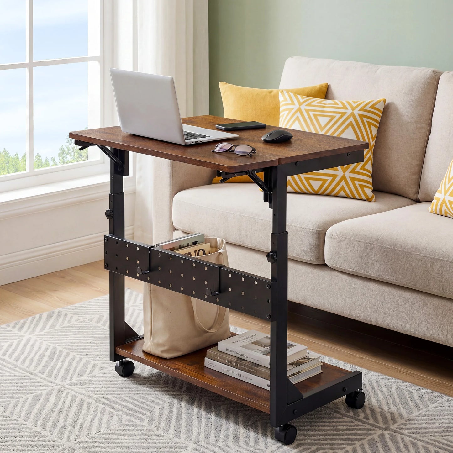 Mobile Sofa Side Desk – 25" Adjustable Rolling Computer Cart with 2 Tiers & Folding Panel