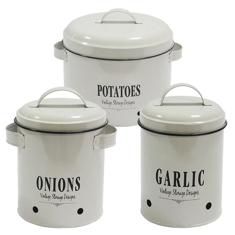 3‑Piece Metal Potato, Onion & Garlic Canister Set – Countertop Storage Containers with Lids
