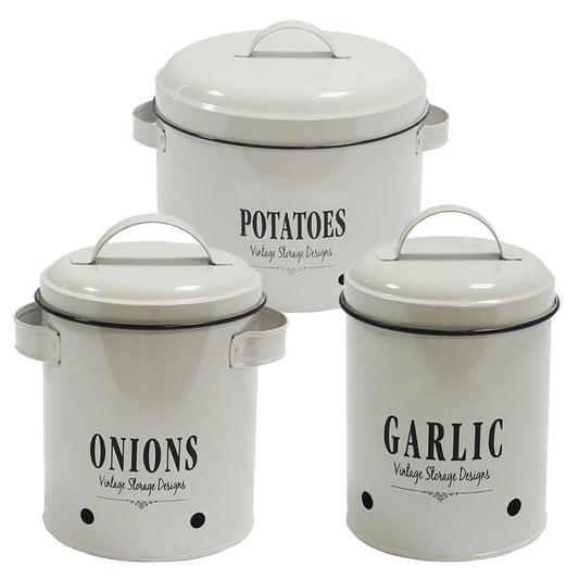 3‑Piece Metal Potato, Onion & Garlic Canister Set – Countertop Storage Containers with Lids