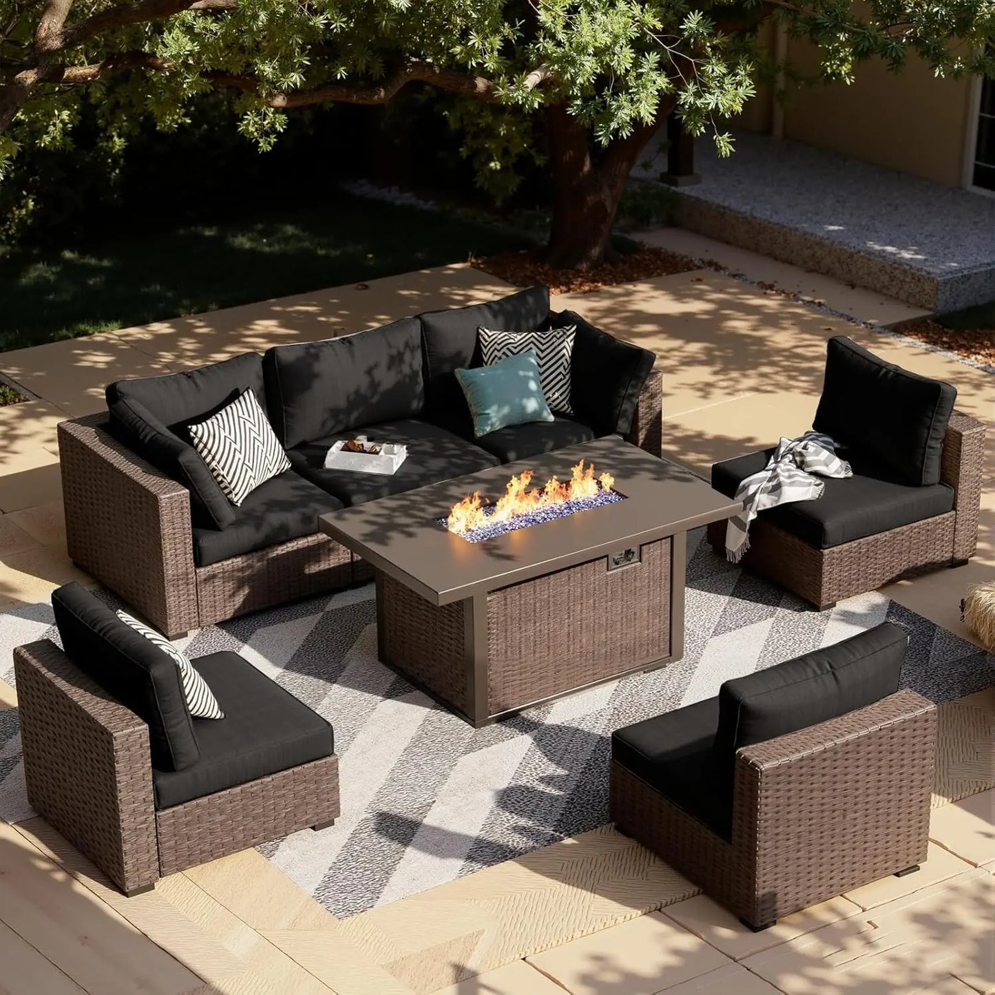7-Pieces Patio Furniture Sets Outdoor Sectional Sofa with 44'' Propane Rattan Wicker Firepit Table