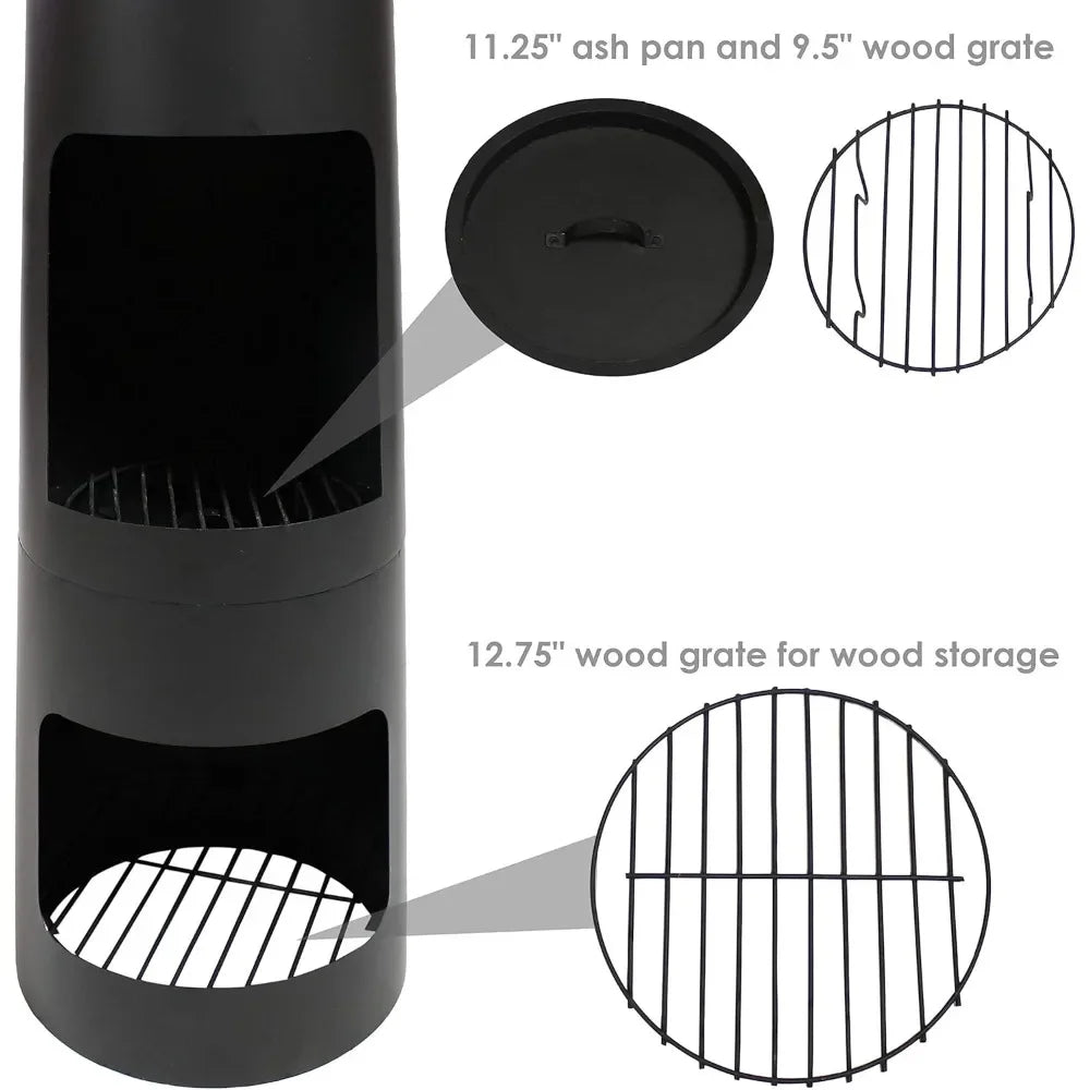 Chiminea Outdoor Fireplace with Poker and Cover - Outdoor Wood-Burning Fire Pit - Black
