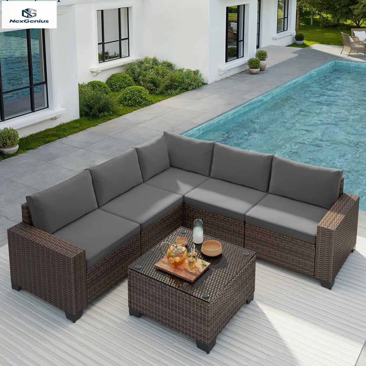 Outdoor Patio 6 Piece Sectional Sofa, All Weather Wicker Rattan