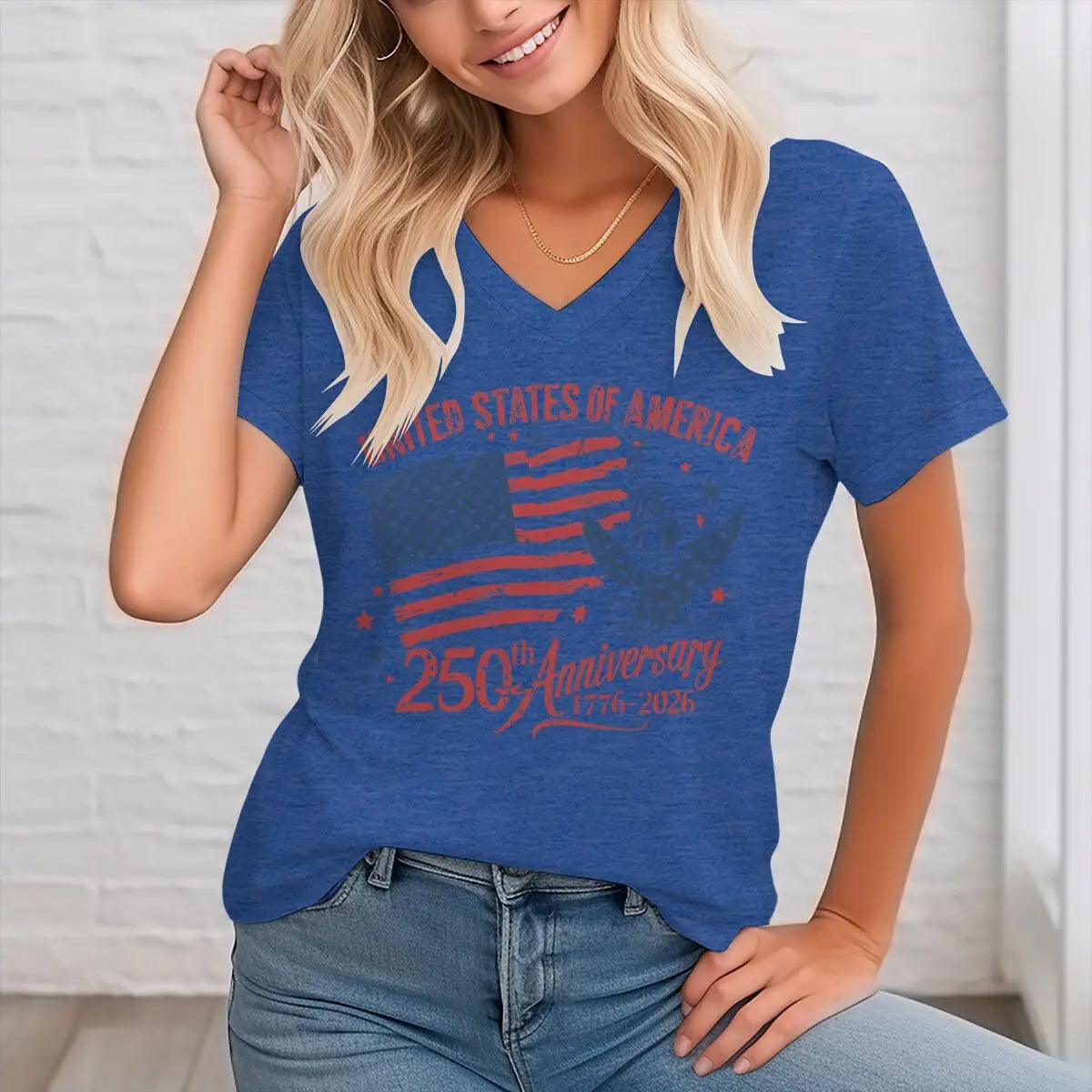 4th of July V-neck T-Shirt Women Clothing America 250th Anniversary Graphic T Shirt 1776-2026 USA 250th Birthday Tops