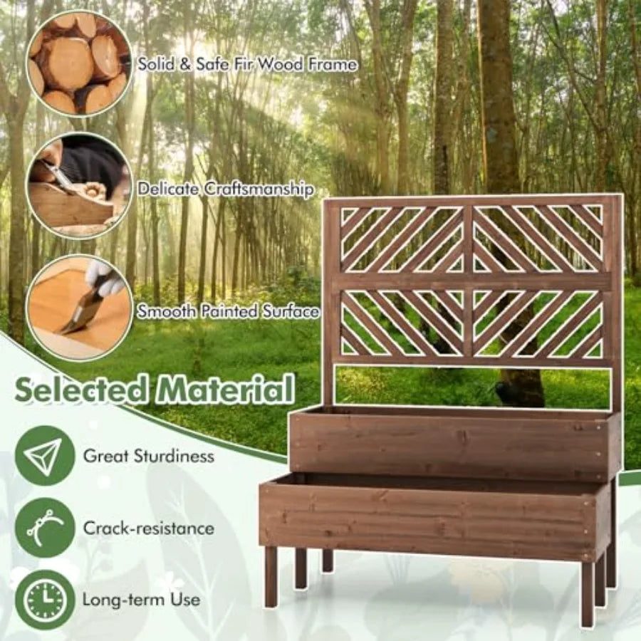 Outdoor Wooden Raised Garden Bed – 2‑Tier Planter Boxes with Trellis & Drainage Holes (Brown)