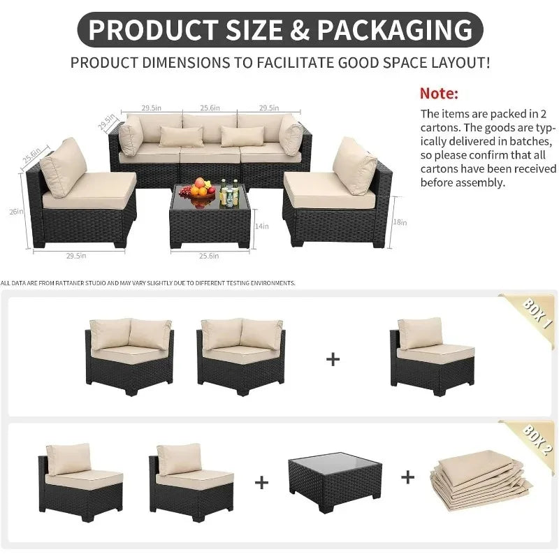 6‑Piece All‑Weather Rattan Patio Sectional – Wicker Outdoor Furniture Set with Cushions, Glass Table & Protective Cover
