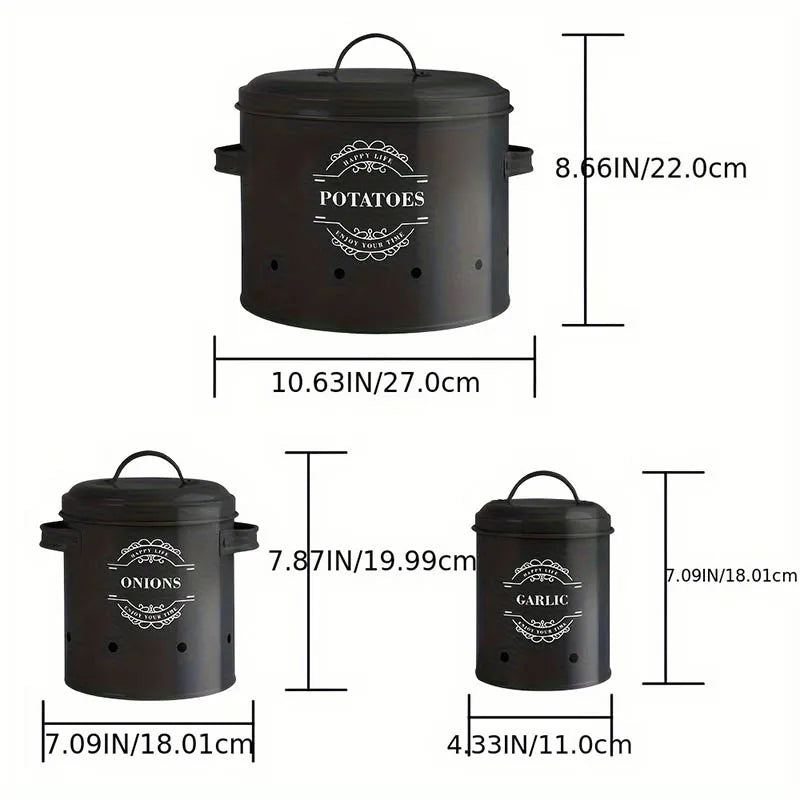 3‑Piece Garlic, Potato & Onion Storage Bin Set – Ventilated Metal Containers with Lids