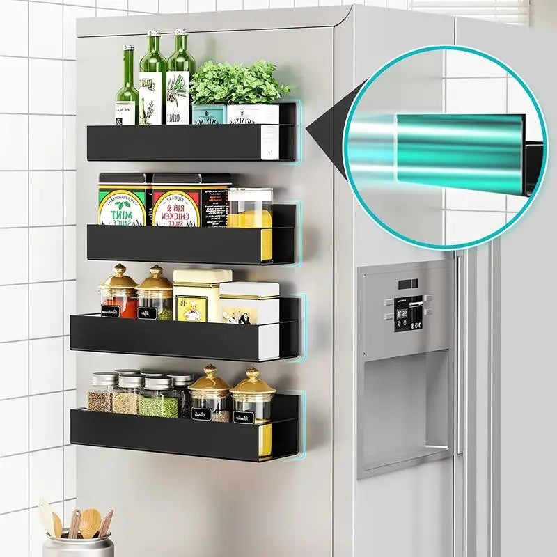 Magnetic Spice Rack for Refrigerator, Kitchen Organizer and Storage Shelf, Black (4 Pack)