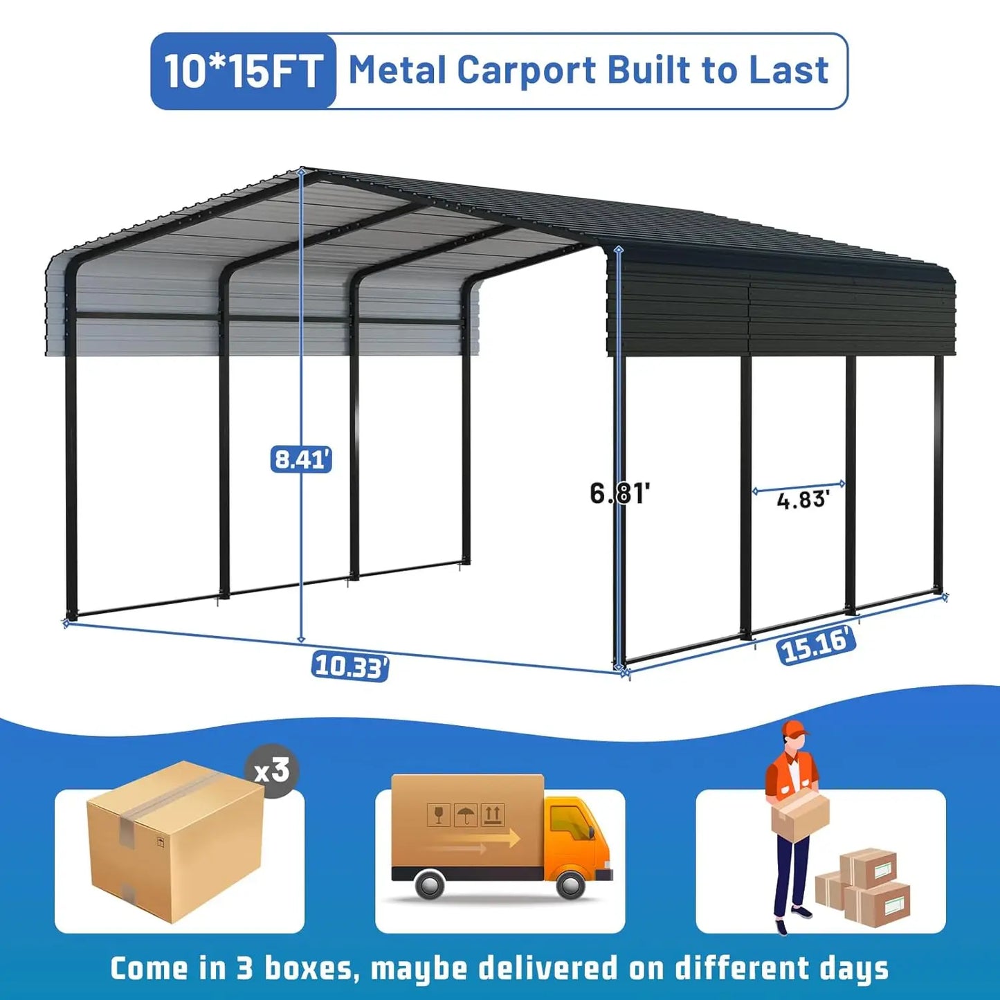10×15 FT Heavy‑Duty Carport Canopy – Metal Frame with Galvanized Steel Roof
