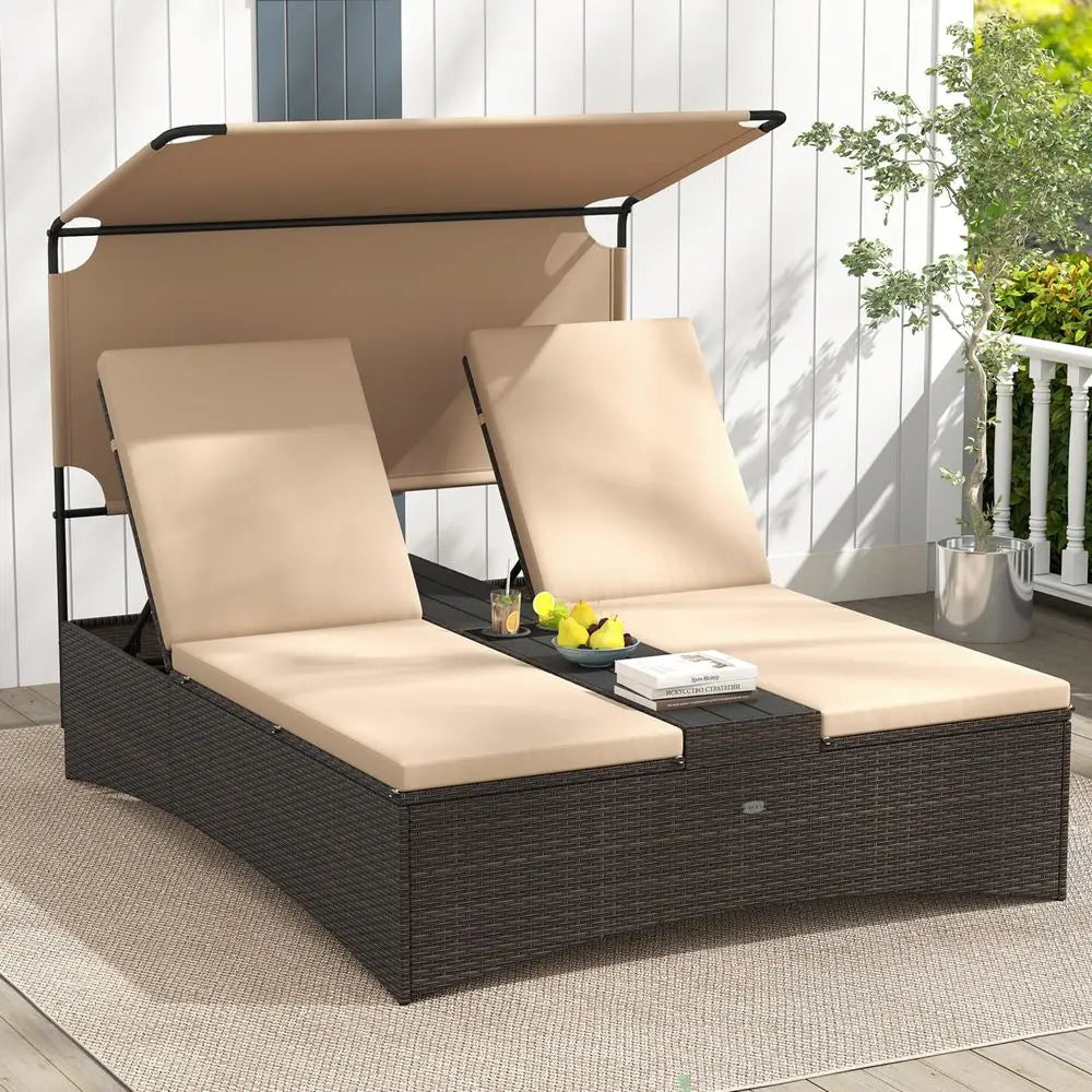 Outdoor Rattan Daybed with Canopy – 2‑Person Wicker Patio Day Bed with 4‑Level Adjustable Backrests, Cushions & Side Table
