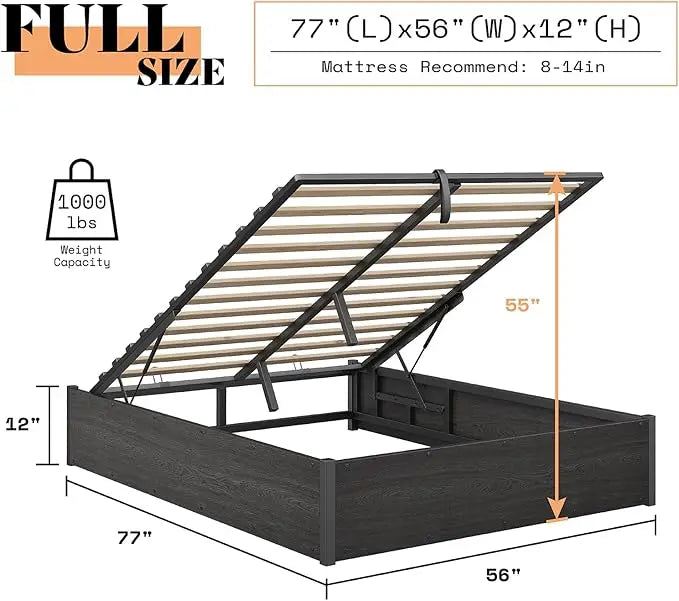 Queen Bed Frame with Lift up Storage, Wooden Platform