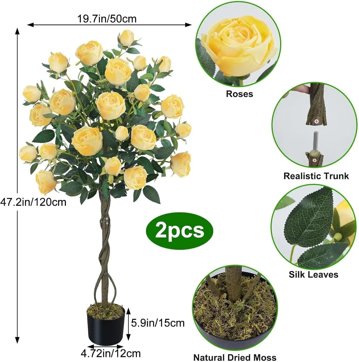 4FT Artificial Yellow Rose Tree – Set of 2 Faux Floral Trees with 52 Blooming Flowers for Home, Porch & Yard Décor