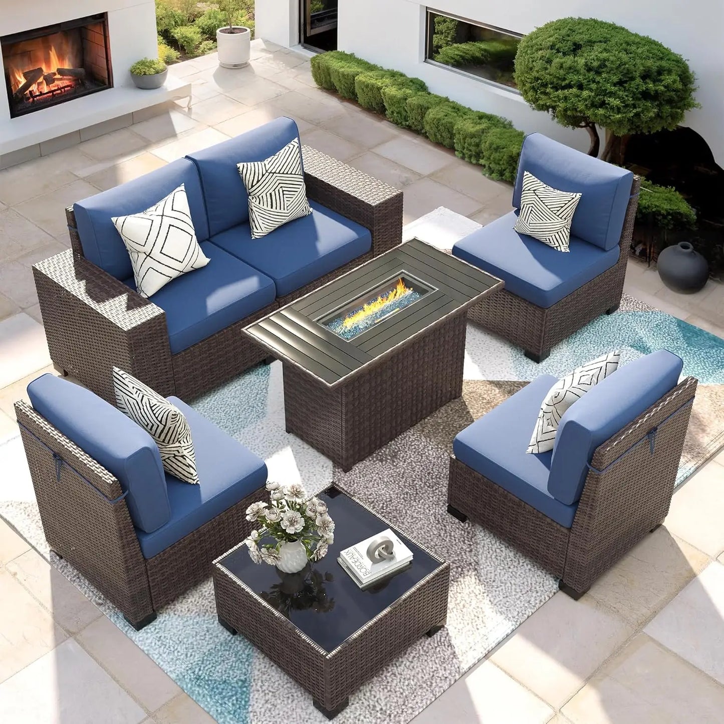 7‑Piece Patio Furniture Set with Fire Pit Table – Wicker Rattan Outdoor Sectional Conversation Set