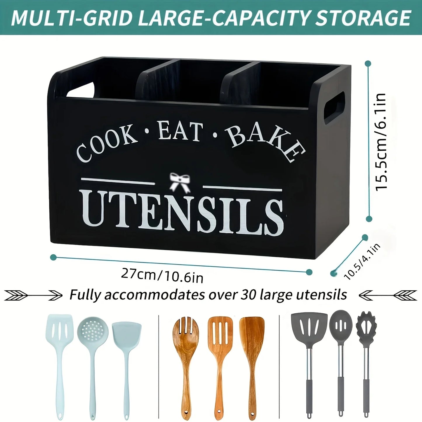 Solid Wood Kitchen Utensil Holder with Divider T