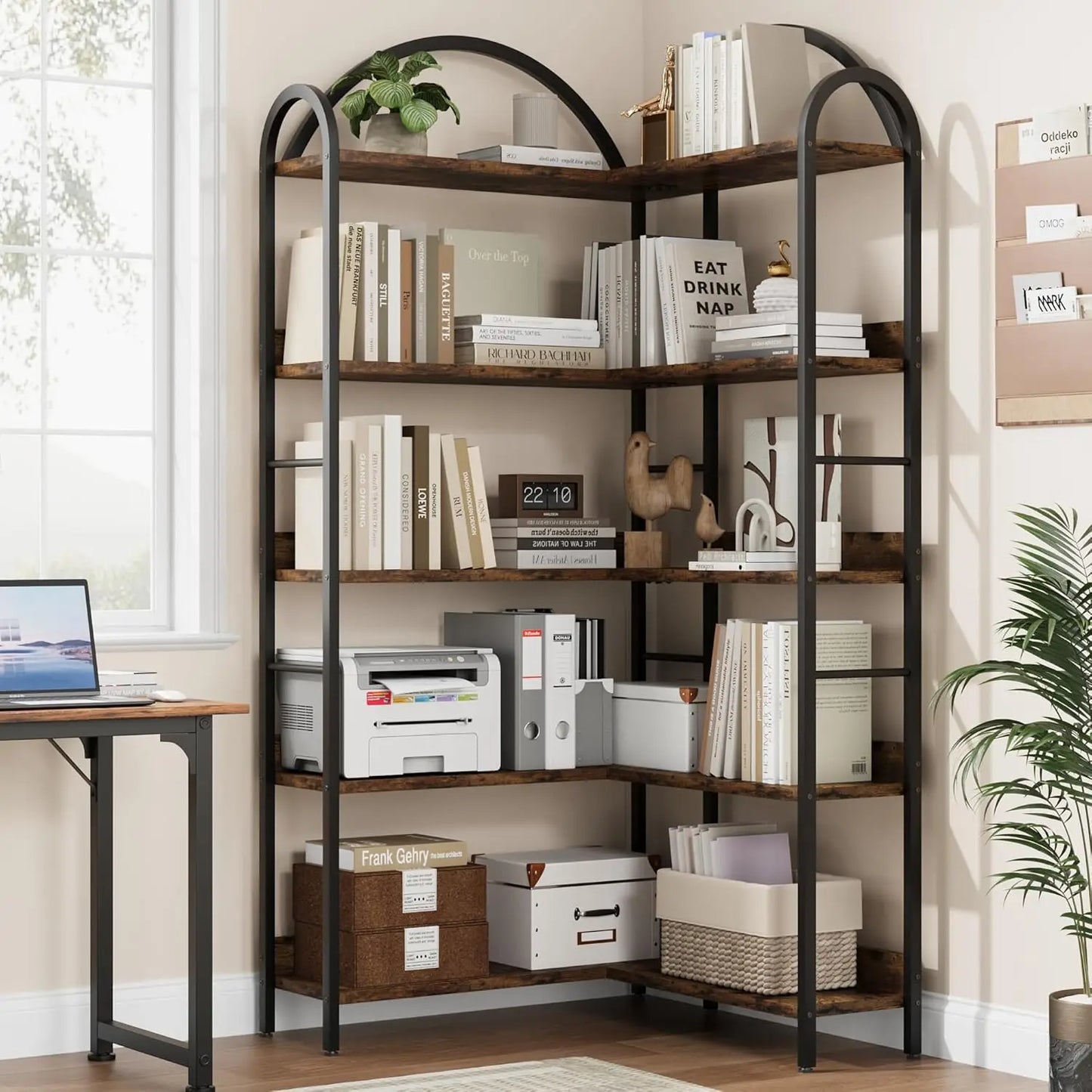 5-Tier Arched L-Shaped Corner Bookshelf | Industrial Storage & Display Rack