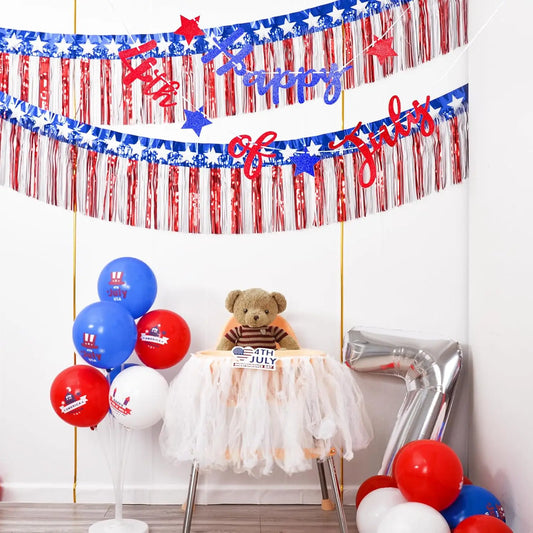 Patriotic Foil Fringe Banner – Red, White & Blue Metallic Streamers for July 4th Décor