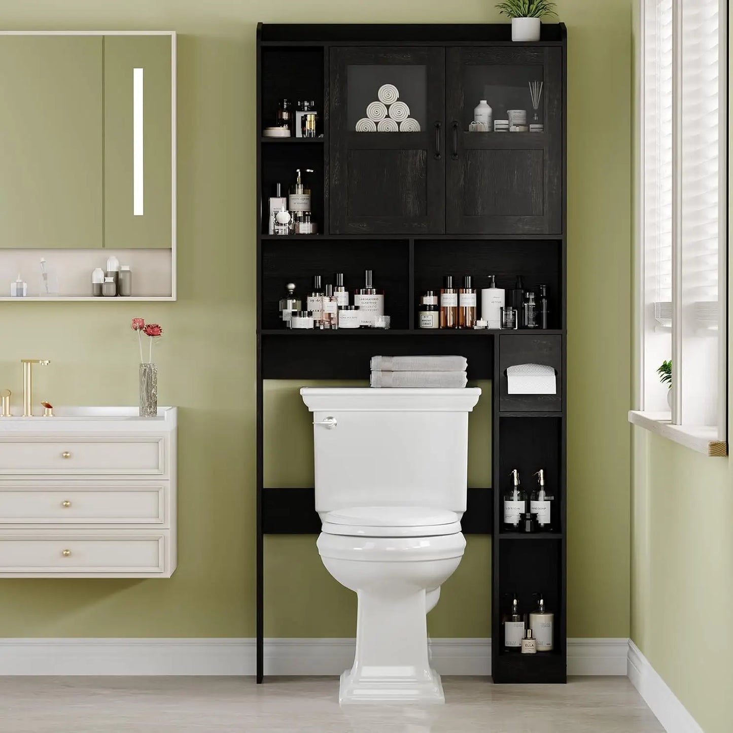 67.4" Over Toilet Storage Cabinet With Glass Door