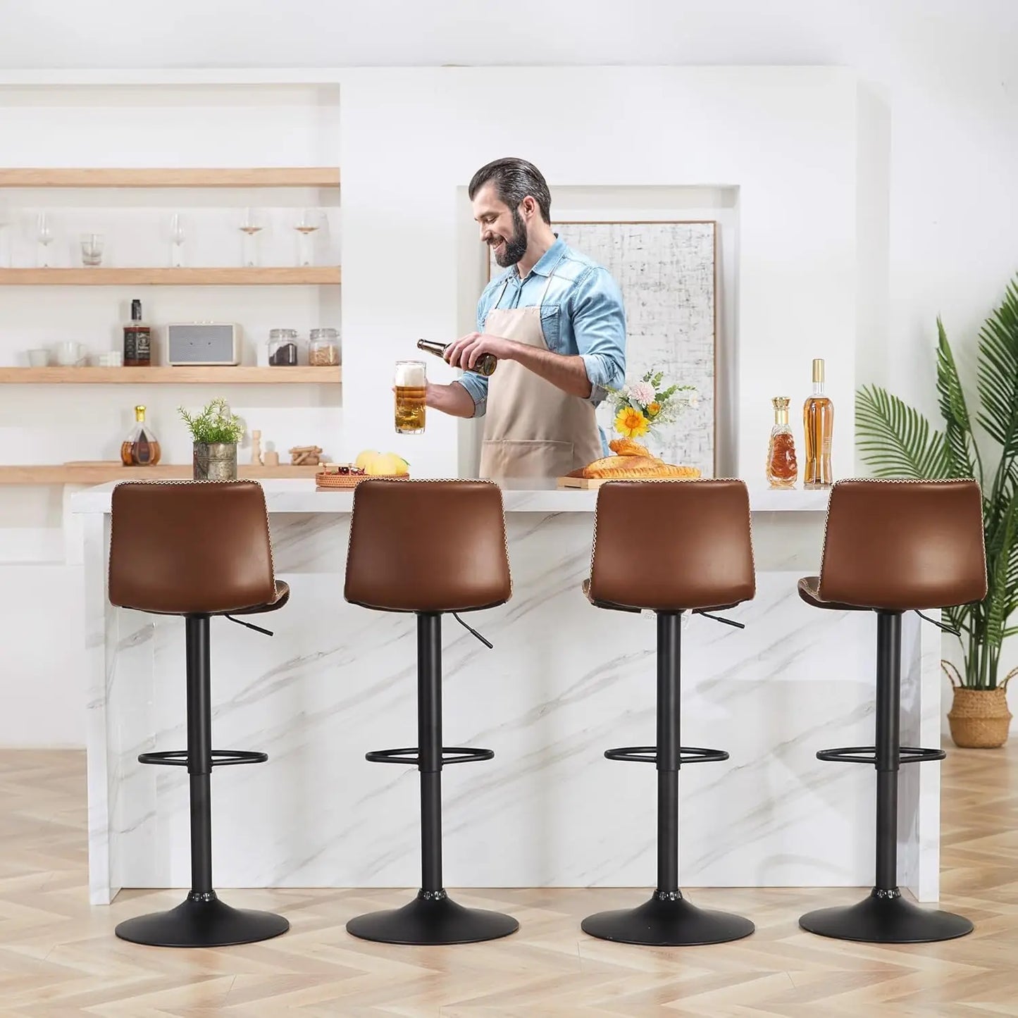 Swivel Bar Stools Set of 4, Adjustable Counter Height with Back, Brown Faux Leather (24' to 32')