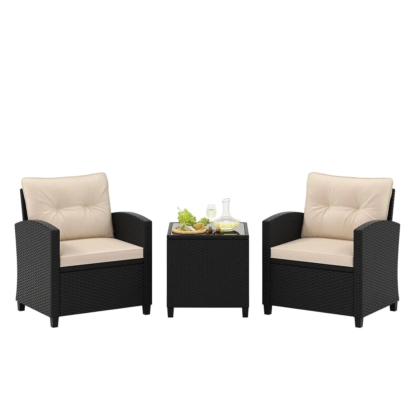 3 Pieces Patio Furniture Set, Outdoor Rattan Chair Set with Tempered Glass Side Table