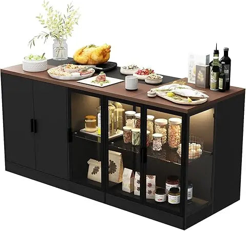77.6" Kitchen Island with Storage & 3-Color Light with Glass Doors, Adjustable Shelf and Drawers
