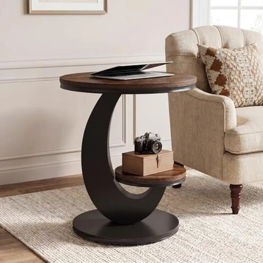 Round C‑Shaped End Table – 2‑Tier Wood Side Table with Metal Frame for Couch or Bedside