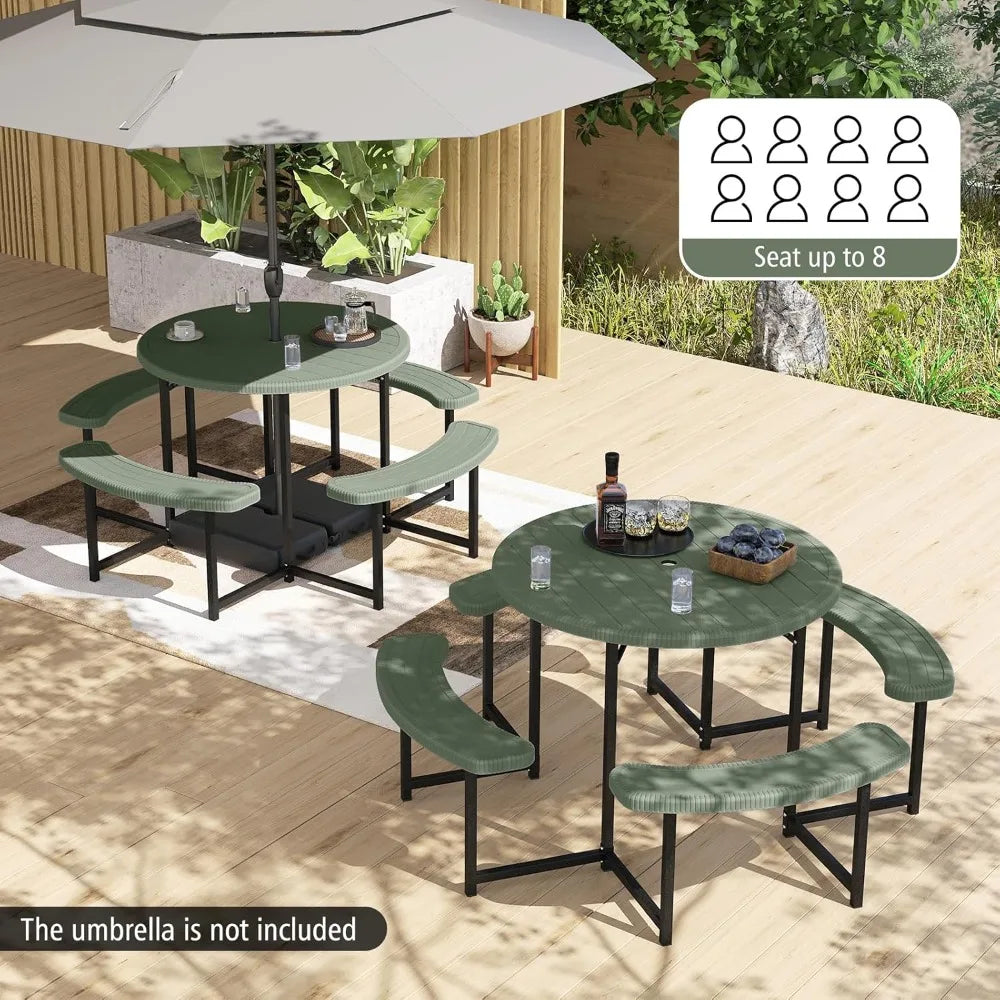 37" Round Picnic Table & Chair Set – Seats 4–8, Outdoor Table with Umbrella Holes