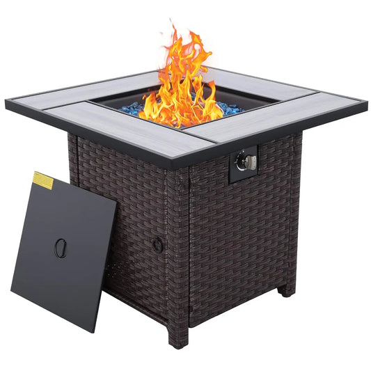 30 Inch Outdoor Wicker Propane Fire Pit with Glass table, and Waterproof Cover