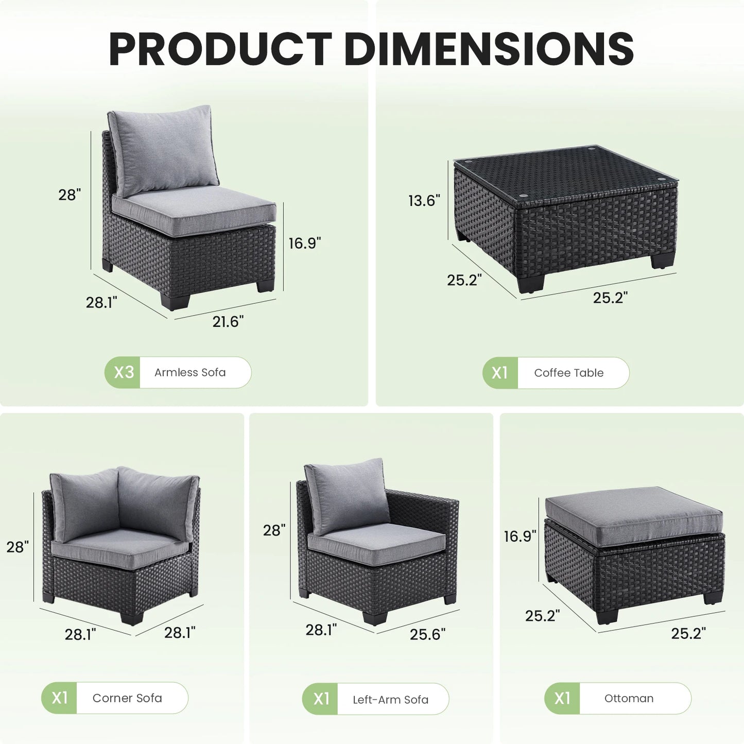 Outdoor Sectional Sofa Set with Ottoman – Water/Oil/Stain‑Resistant Fabric, Dark Gray Cushions & Gray Wicker