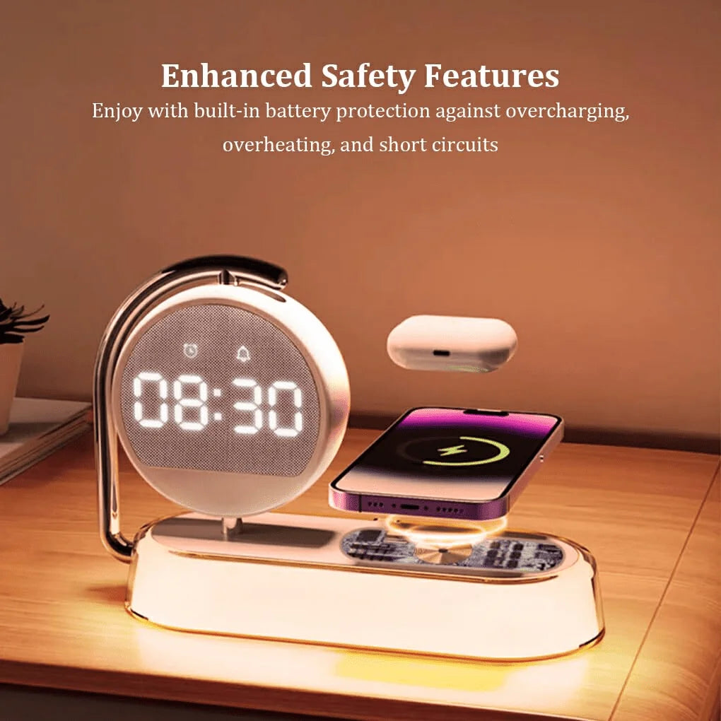 5-in-1 Minimalist Charging Station – Smart Bedside Alarm Clock & Night Light