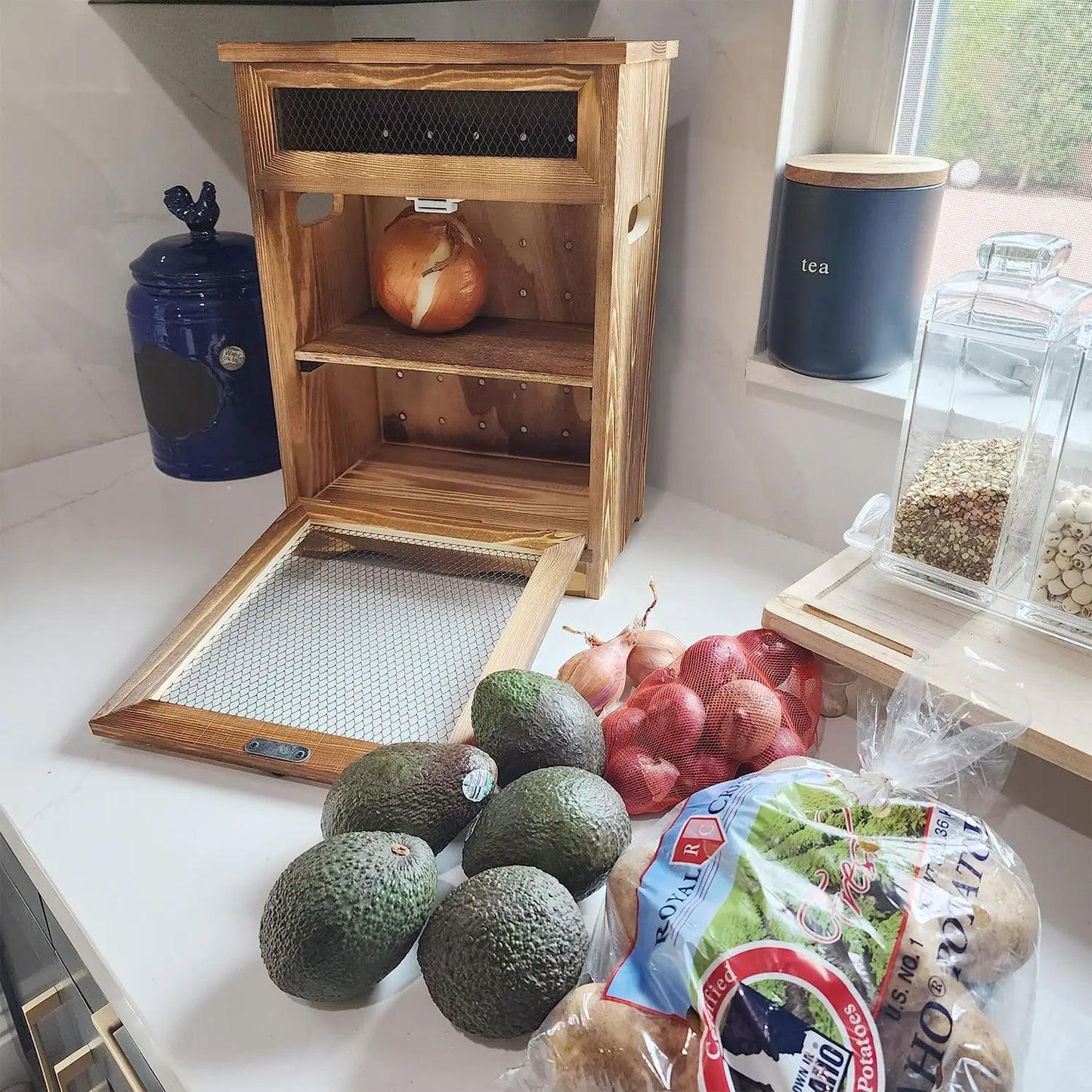 Wooden Countertop Storage Bin for Potatoes Onions Bread, Rustic Oak Finish, 11.8x6.8x16 Inches