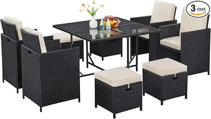 9‑Piece Patio Dining Set – Space‑Saving Rattan Chairs with Glass Table, Wicker Outdoor Conversation Furniture