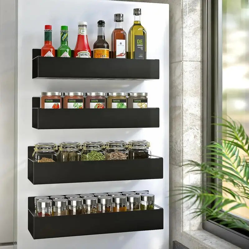 Magnetic Spice Rack for Refrigerator, Kitchen Organizer and Storage Shelf, Black (4 Pack)